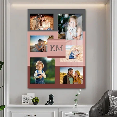 Monogram 6 Photo Collage on Maroon Pink and Grey Customized Printed Rectangle Vertical Acrylic Photo Frame