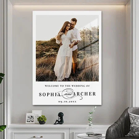 Elegant Script Black and White Wedding Welcome Customized Printed Rectangle Vertical Acrylic Photo Frame