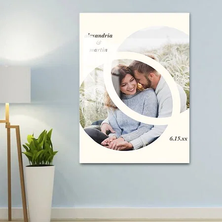Modern Trendy 2 Circle Photo Frame Wedding Date Customized Printed Rectangle Vertical Acrylic Photo Frame