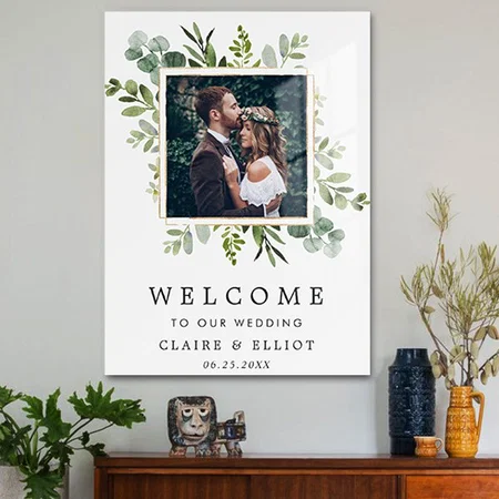 Eucalyptus Green Foliage Photo Wedding Welcome Customized Printed Rectangle Vertical Acrylic Photo Frame