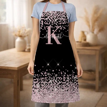 Black Chic Rose Gold Diamond Glitter Monogrammed Customized Full Print Apron