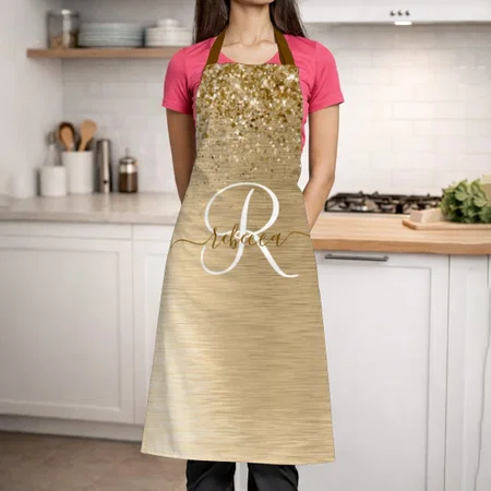 Faux Gold Brushed Metal Glitter Print Monogram Customized Full Print Apron