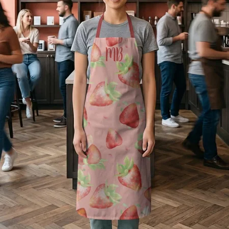 Monogram Red Strawberry Summer Fun Modern Girly Customized Full Print Apron