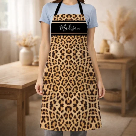 Modern Chic Leopard Animal Print Monogram Name Customized Full Print Apron