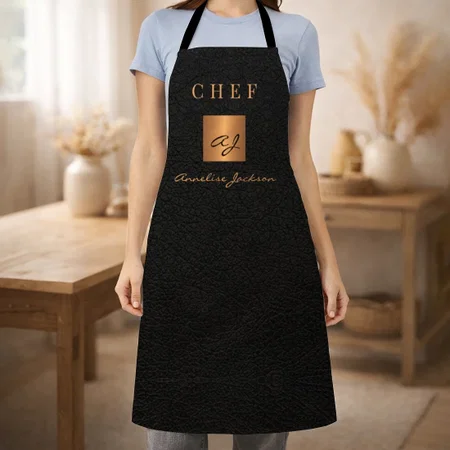 Monogram Elegant Black Gold Name Script Chef Customized Full Print Apron