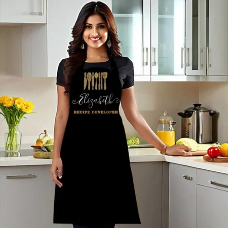 Black Gold Glitter Kitchen Utensils Script Name Customized Full Print Apron
