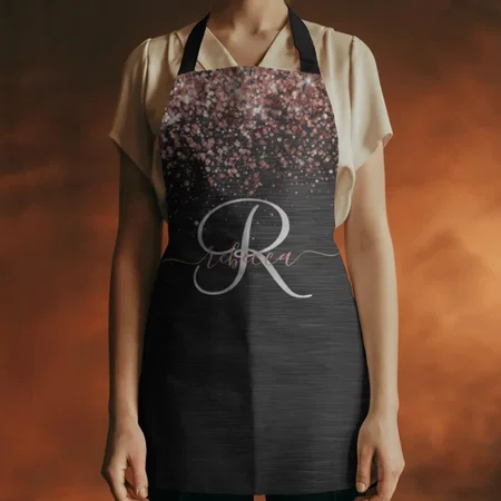 Rose Gold Glitter Black Sparkle Monogram Customized Full Print Apron