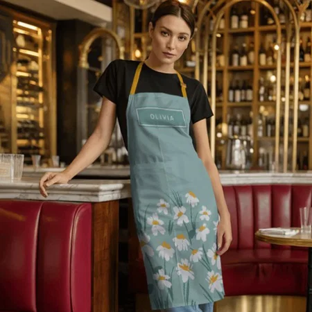 Floral Modern Daisy Blue Girly Elegant Customized Full Print Apron