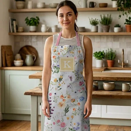 Colorful Spring Wildflower Garden Pattern Monogram Customized Full Print Apron