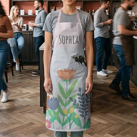 Girls Cute Bee And Flowers With Name Customized Full Print Apron