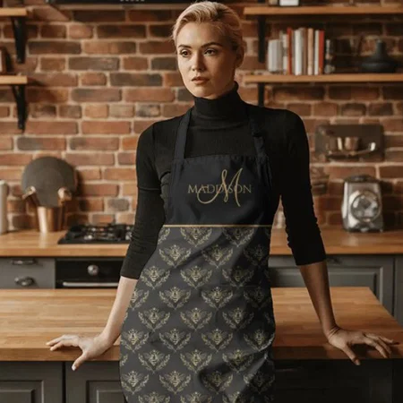 Elegant Monogram, Queen Bee, Black with Gold Customized Full Print Apron