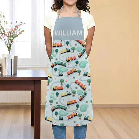 Boys Cute Blue Train Travel Pattern Customized Full Print Apron