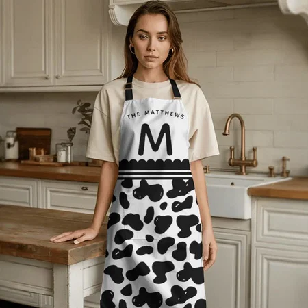 Black & White Custom Name & Monogram Cow Pattern Customized Full Print Apron