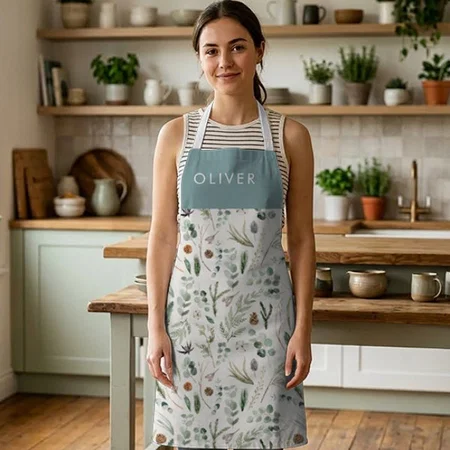 Dusty Blue Botanical Elegant Modern Family Customized Full Print Apron