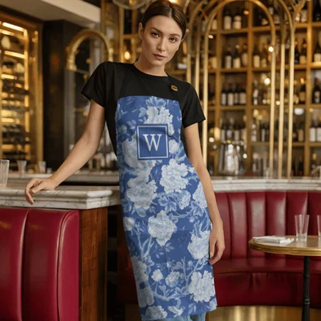 Chic Delft Blue White Chinoiserie Flower Monogram Customized Full Print Apron