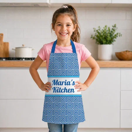 Blue White Greek Key Ancient Meander Customized Full Print Kid's Apron for Children