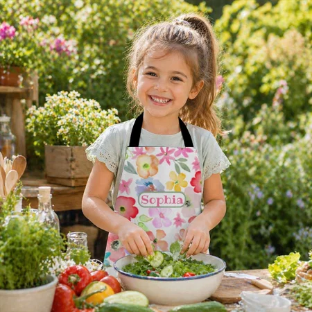 Whimsical Cute Watercolor Floral Customized Full Print Kid's Apron for Children