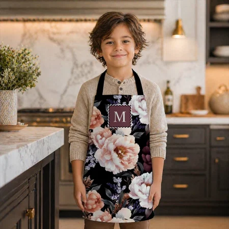 Dark Peonies Floral Pattern Customized Full Print Kid's Apron for Children