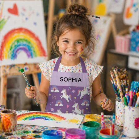 Girls Cute Magical Purple Unicorn Pattern Customized Full Print Kid's Apron for Children