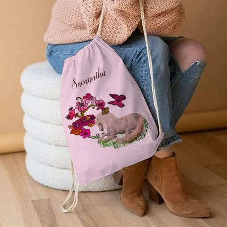 Unicorn Butterflies And Flowers Customized Full Print Canvas Drawstring Bag for Men & Women