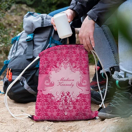 Elephant Damask Pink Customized Full Print Canvas Drawstring Bag for Men & Women