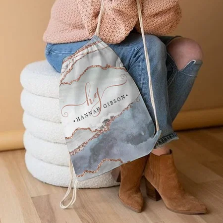 Marble Rose Gold Glitter Teal Script Monogram Customized Full Print Canvas Drawstring Bag for Men & Women