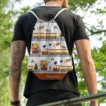 Choo Choo Train Pattern Customized Full Print Canvas Drawstring Bag for Men & Women