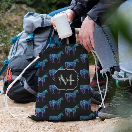 Unicorn Sparkles Aqua Blue Pattern Customized Full Print Canvas Drawstring Bag for Men & Women