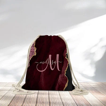 Chic Burgundy Gold Glitter Monogram Customized Full Print Canvas Drawstring Bag for Men & Women