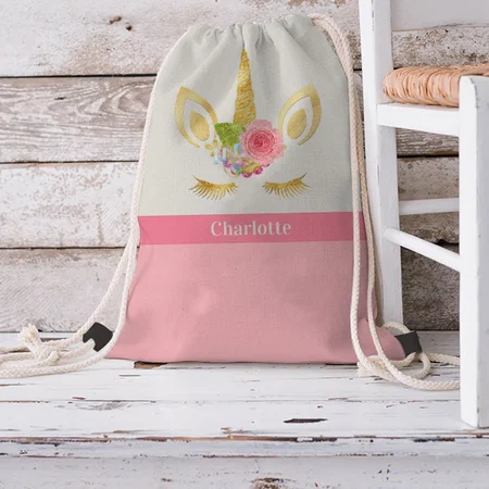 Golden Unicorn Pink Trim Customized Full Print Canvas Drawstring Bag for Men & Women