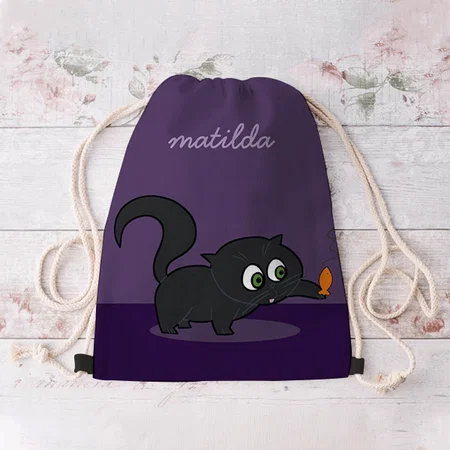 Cute Cartoon Kitty Cat Purple Customized Full Print Canvas Drawstring Bag for Men & Women