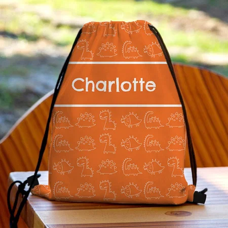Cute Orange Dinosaur Doodle Pattern Customized Full Print Canvas Drawstring Bag for Men & Women