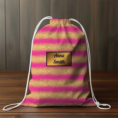 Luxury Pink Monogrammed Gold Glitter Customized Full Print Canvas Drawstring Bag for Men & Women