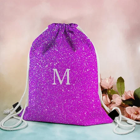 Sparkling Pink Glitter Initial Monogram Customized Full Print Canvas Drawstring Bag for Men & Women