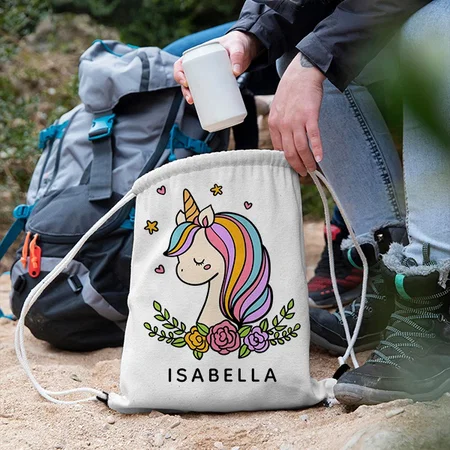 Unicorn Cute Whimsical Girly Customized Full Print Canvas Drawstring Bag for Men & Women
