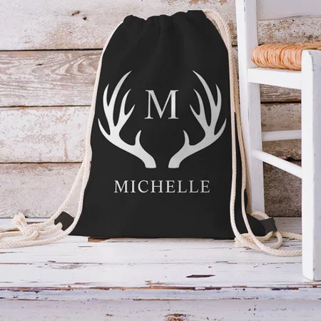 Black White Deer Monogram Customized Full Print Canvas Drawstring Bag for Men & Women