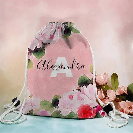 Beautiful Artistic Watercolor Pink Roses Customized Full Print Canvas Drawstring Bag for Men & Women