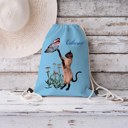 Siamese Cat With Blue Butterfly Customized Full Print Canvas Drawstring Bag for Men & Women