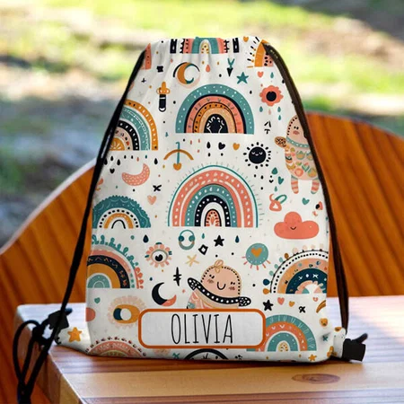 Cute Boho Rainbow with Retro Colors Customized Full Print Canvas Drawstring Bag for Men & Women