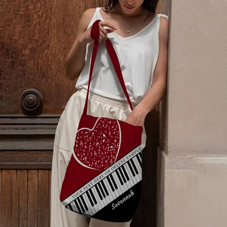 Piano Music Love Heart Name Black Red Customized Full Print Canvas Sling Bag for Women & Men