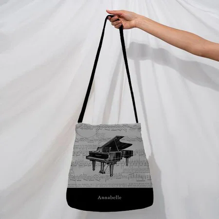 Vintage Piano Music Scores Black & White Customized Full Print Canvas Sling Bag for Women & Men