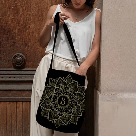 Elegant Gold Glitter Floral Mandala On Black Customized Full Print Canvas Sling Bag for Women & Men