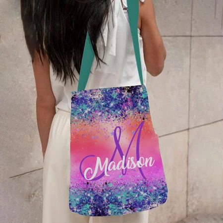 Chic Orange Pink Iridescent Faux Glitter Monogram Customized Full Print Canvas Sling Bag for Women & Men