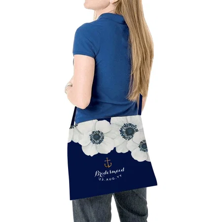 Navy & White Anemones Nautical Bridal Party Customized Full Print Canvas Sling Bag for Women & Men