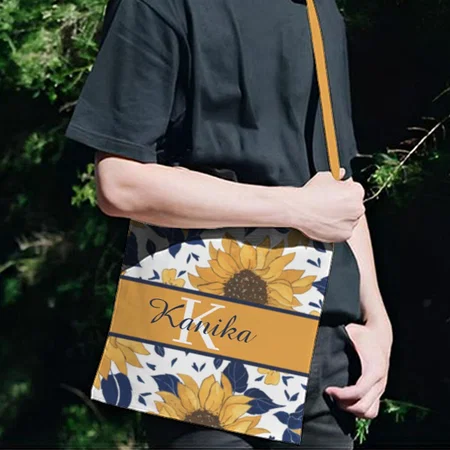 Sunflower Design with Name Customized Full Print Canvas Sling Bag for Women & Men