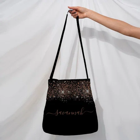Black Rose Gold Glitter Monogram Customized Full Print Canvas Sling Bag for Women & Men