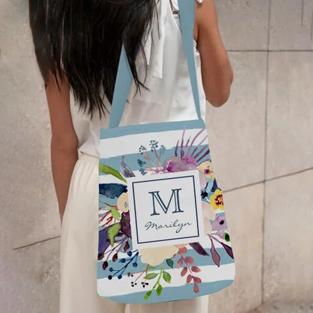 Blue Stripes Floral Watercolor Painted Monogram Customized Full Print Canvas Sling Bag for Women & Men