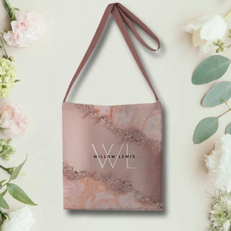 Rose Gold Blush Pink Agate Geode Glitter Monogram Customized Full Print Canvas Sling Bag for Women & Men