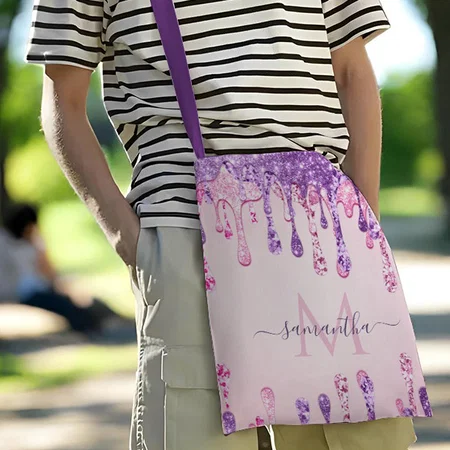 Double Glitter Pink & Purple Sparkle Drip Monogram Customized Full Print Canvas Sling Bag for Women & Men