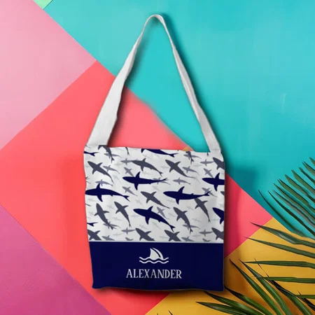 Blue and White Shark Pattern Design Customized Full Print Canvas Sling Bag for Women & Men